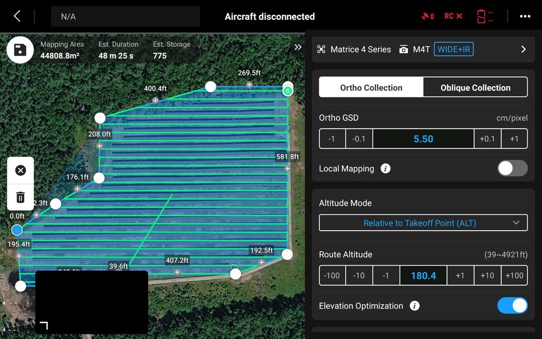 Flight-planning screen showing an ortho collection grid over a mapped site