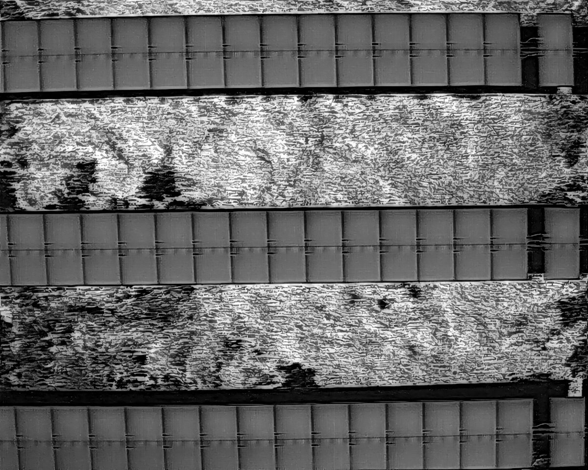 Infrared scan looking straight down at rows of solar modules, panels reading as even grey against brighter vegetation